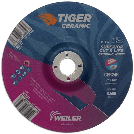 Weiler 7" x 1/4" TIGER CERAMIC Type 27 Grinding Wheel CER24R 7/8 A.H. 58331